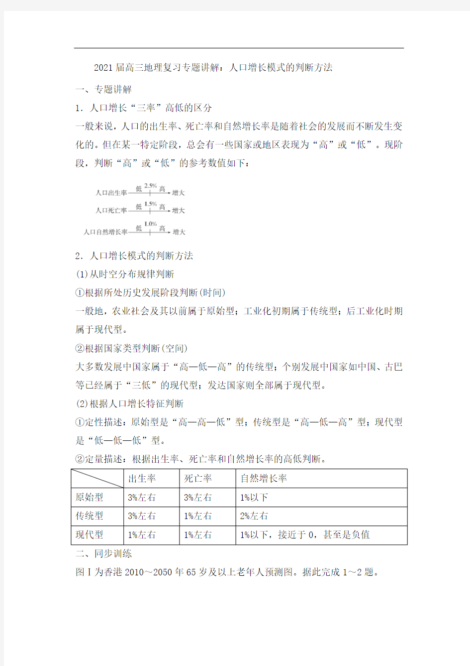 2021届高三地理复习专题讲解：人口增长模式的判断方法