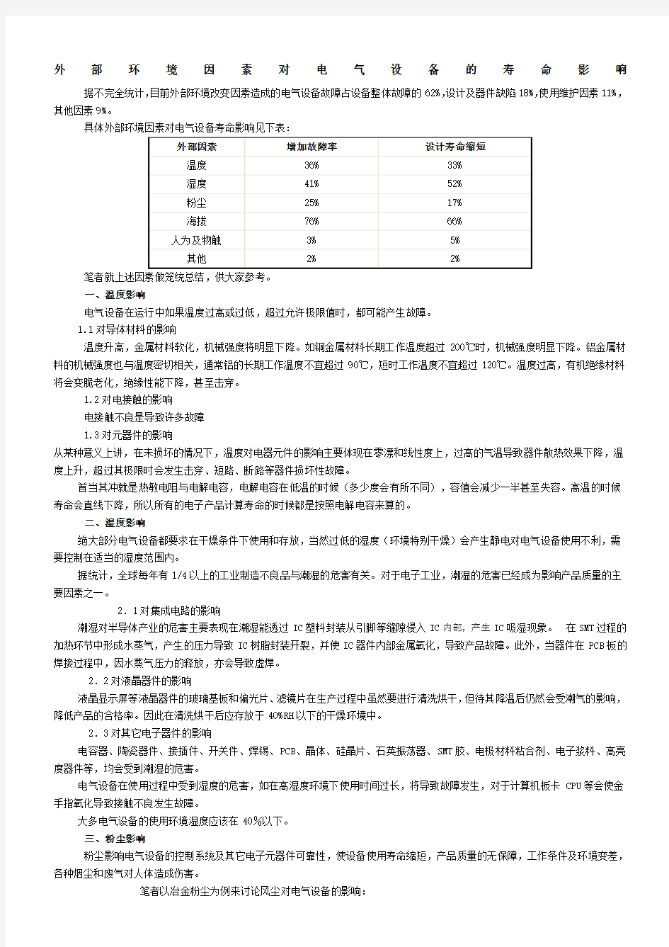 外部环境因素对电气设备的寿命影响