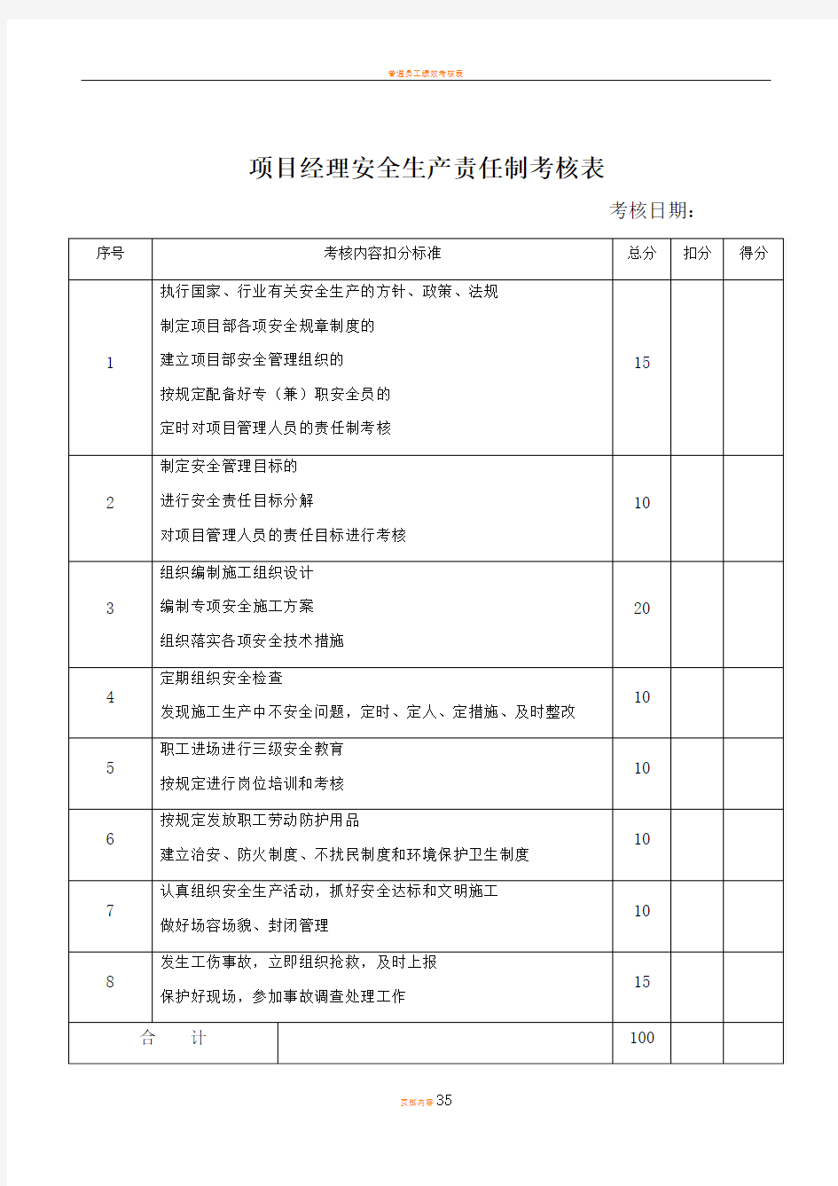 各岗位安全生产责任制考核表