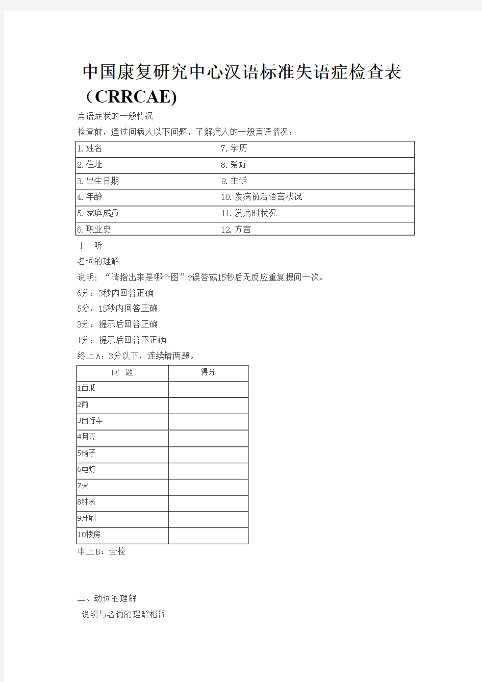 (建议下载)康复研究中心汉语标准失语症检查表