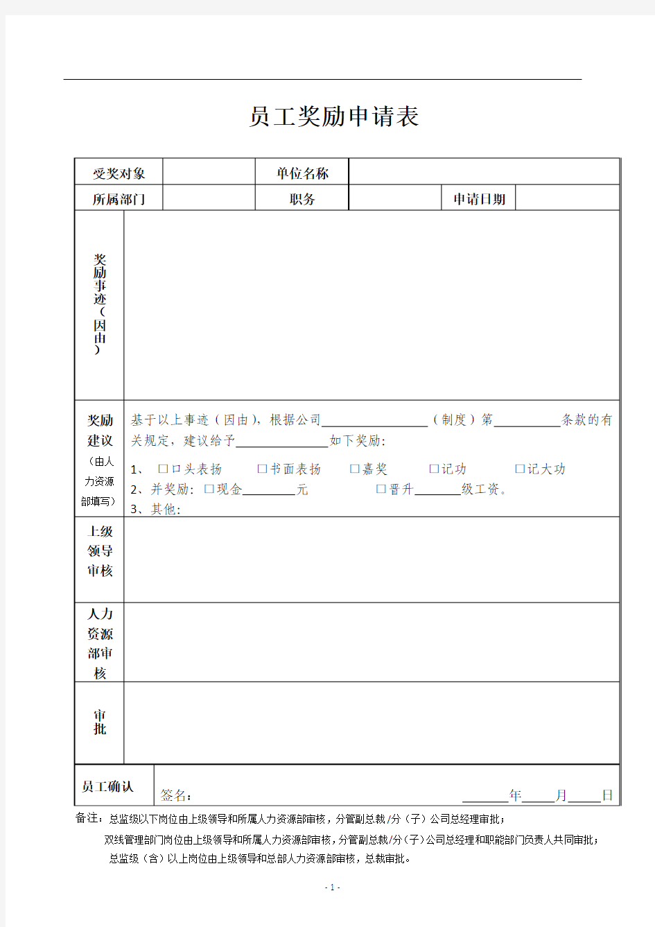 员工奖励申请表