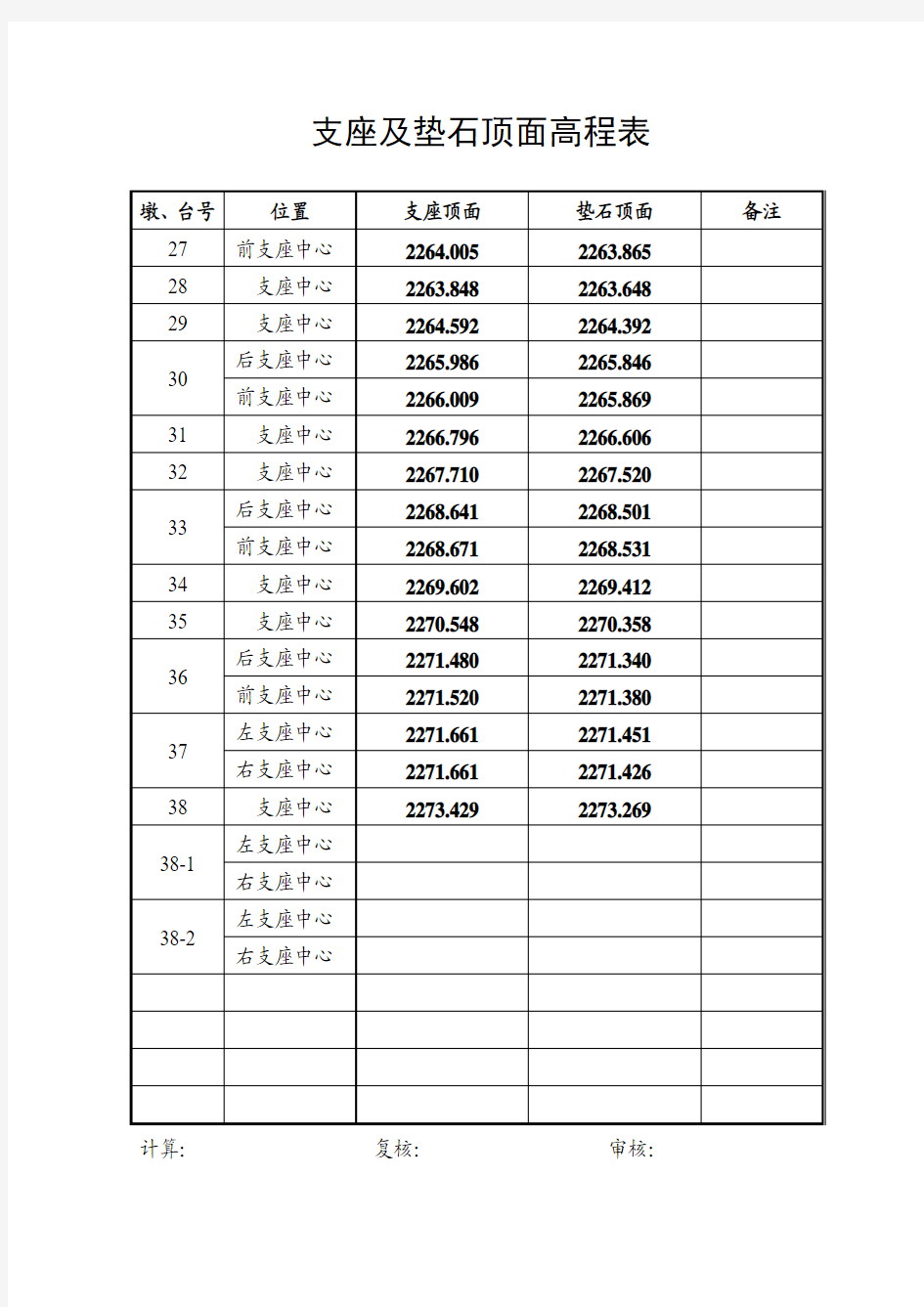 支座及垫石高程表