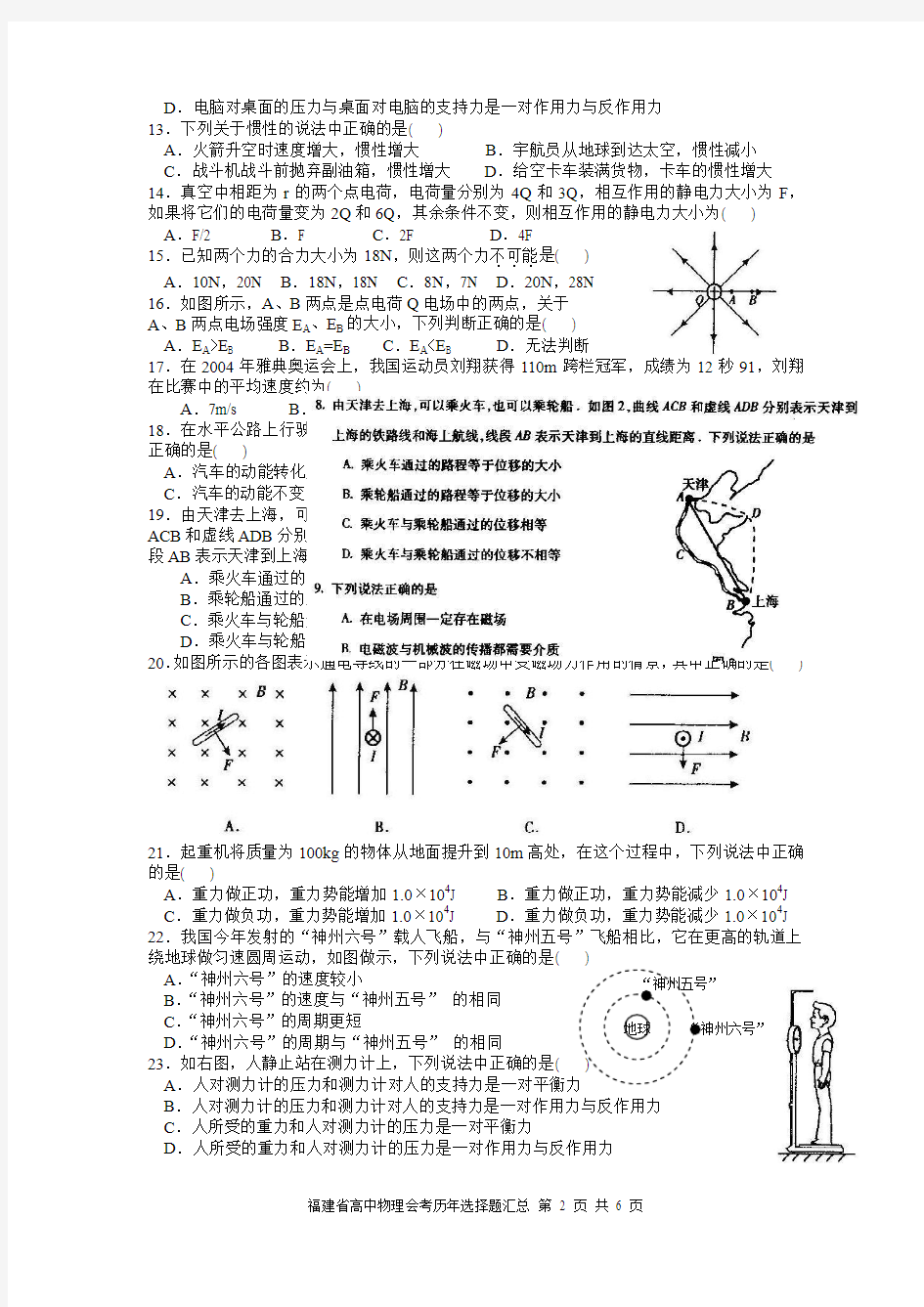 福建省高中物理会考历年题目汇总