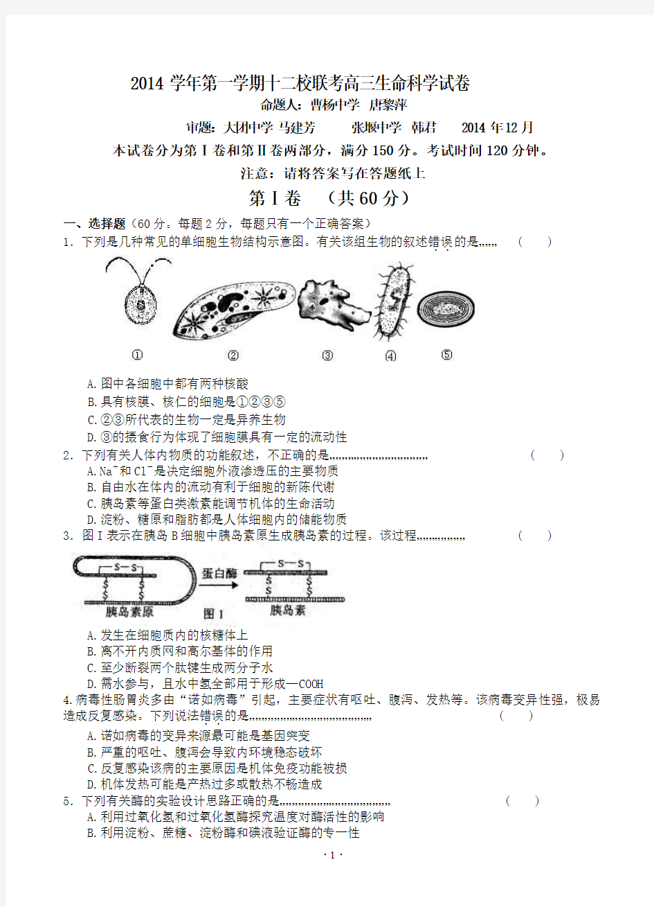 上海市十二校2014-2015学年高三第一学期12月联考生物试题含答案