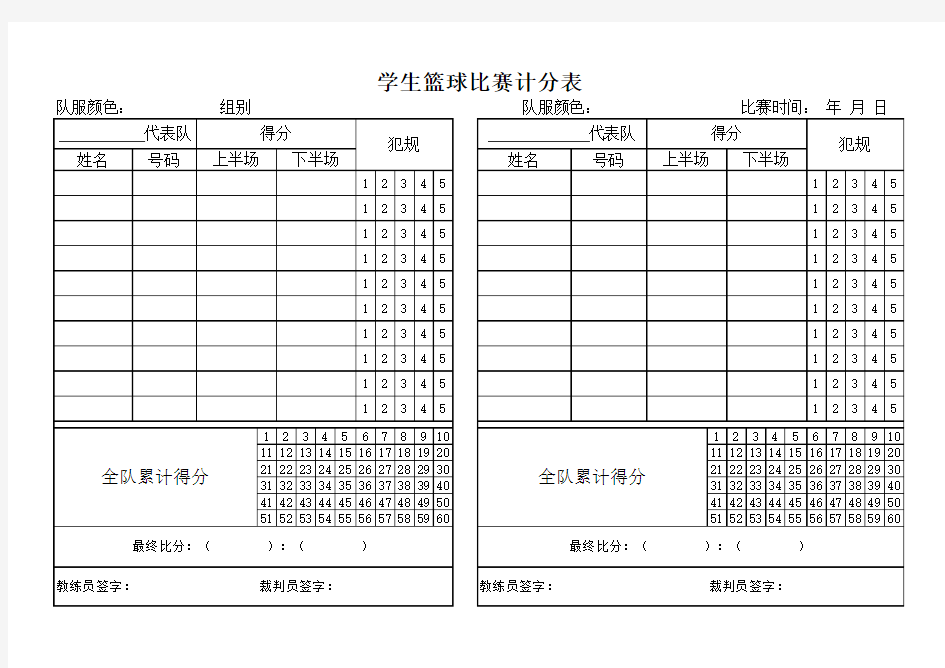 最简易的篮球比赛计分表