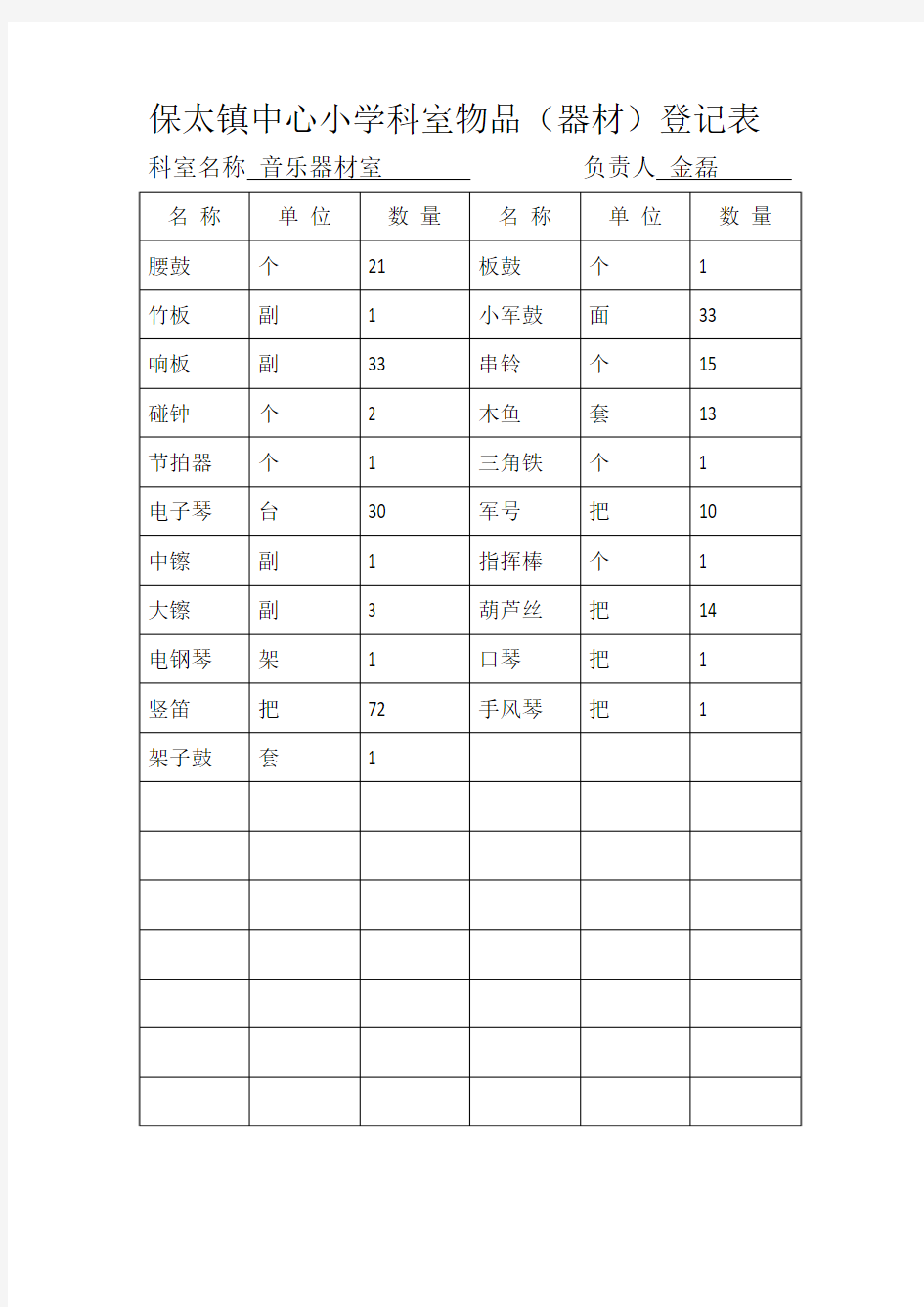 音乐室器材登记表