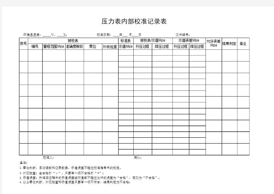 压力表内部校准记录表