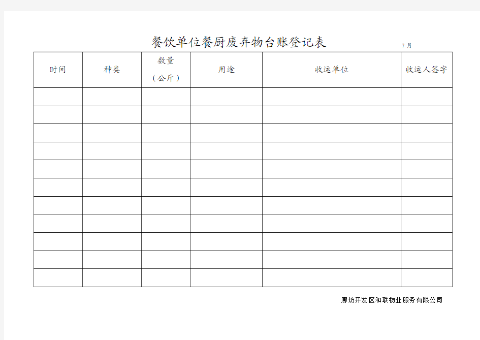 餐厨废弃物台账登记表