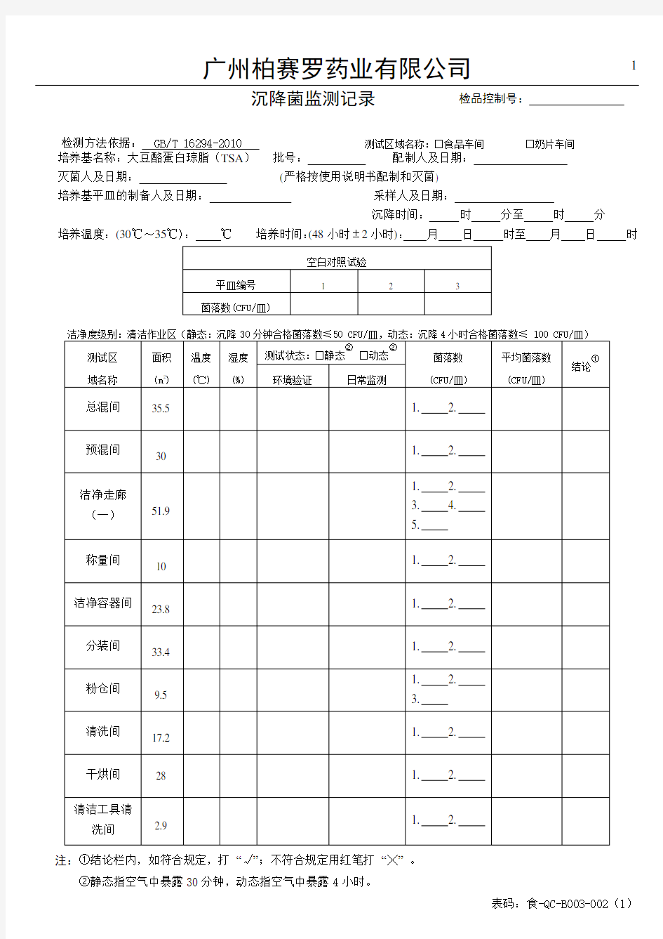 沉降菌的监测记录