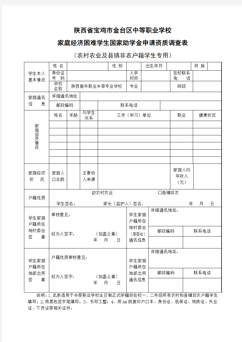 中等职业学校家庭经济困难学生国家助学金申请资质调查表