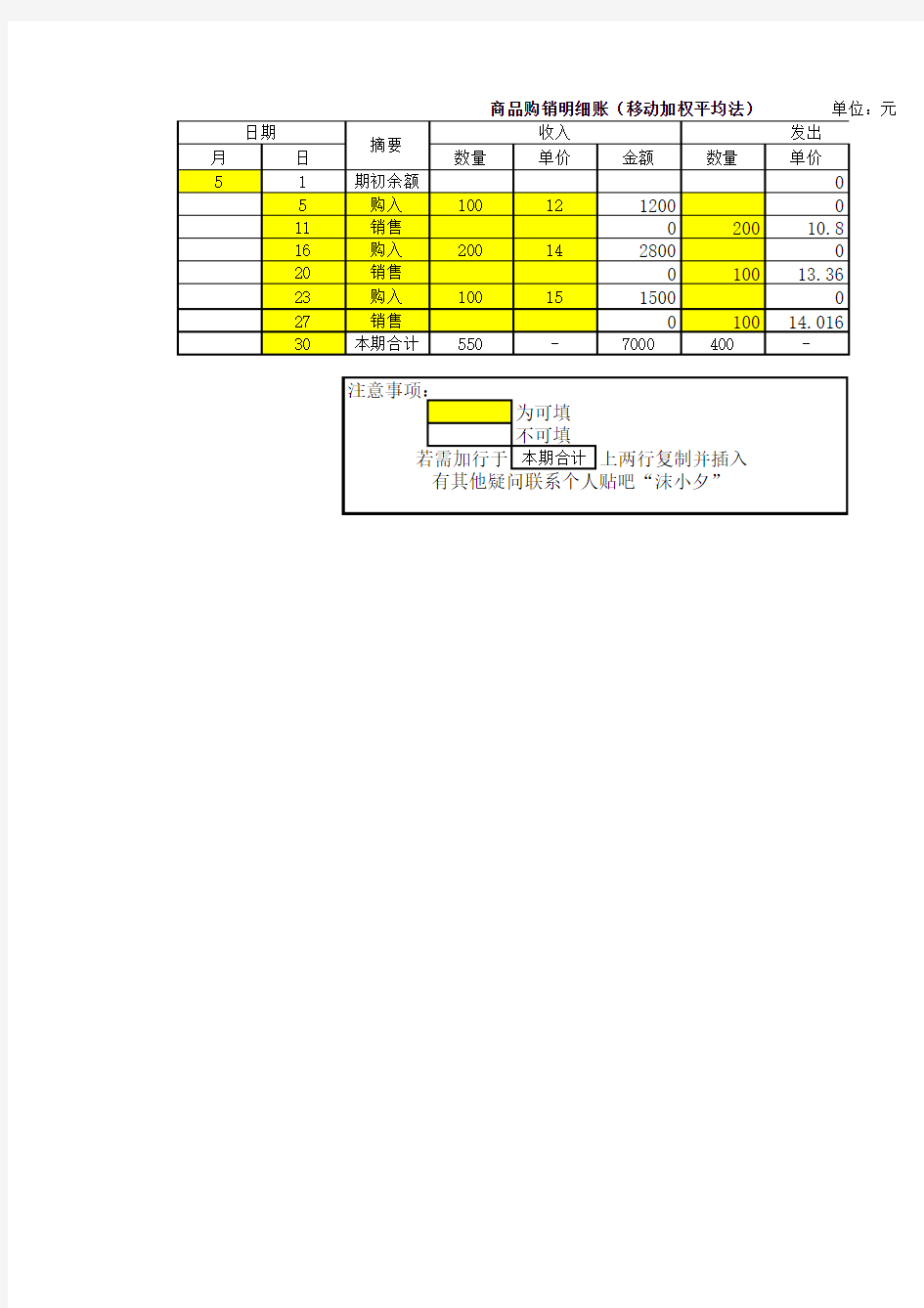 移动加权平均法自动计算表