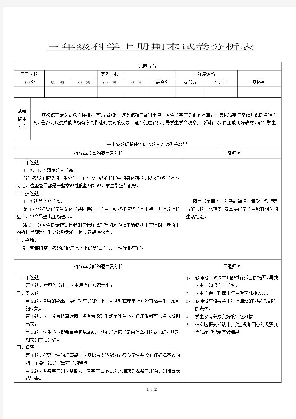 小学三年级科学试卷分析表