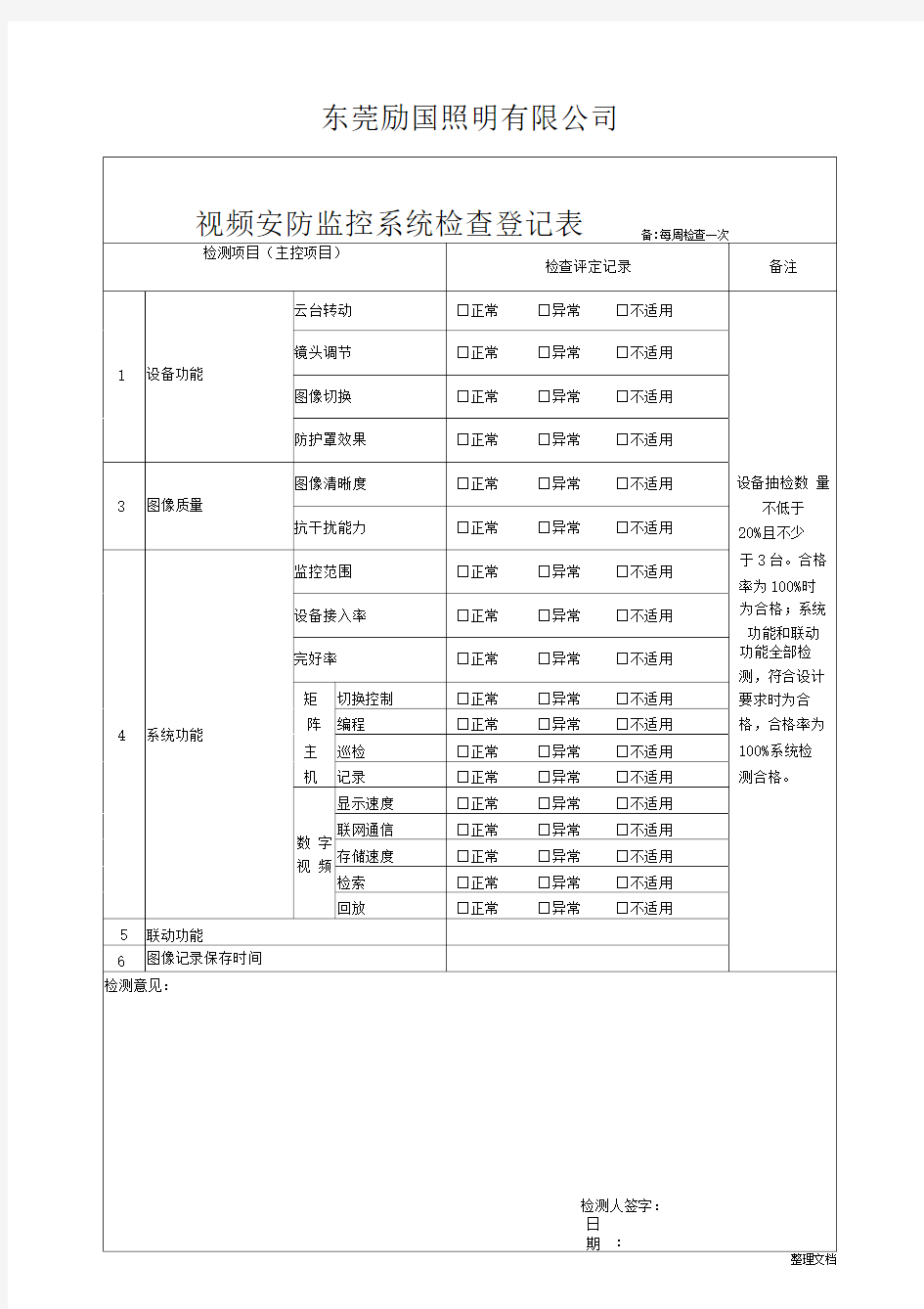 视频监控系统检查表