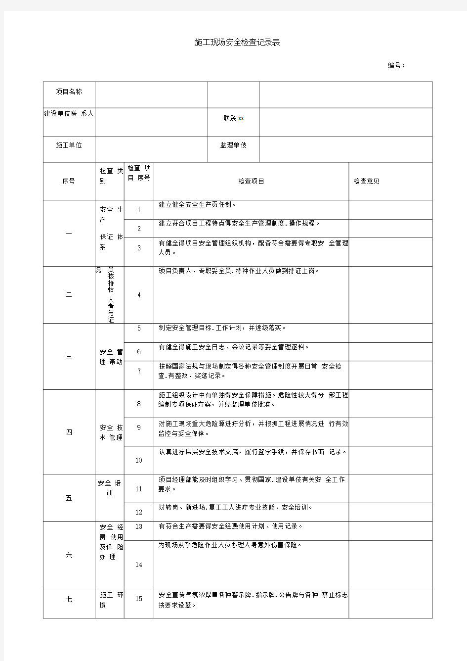 施工安全检查记录表