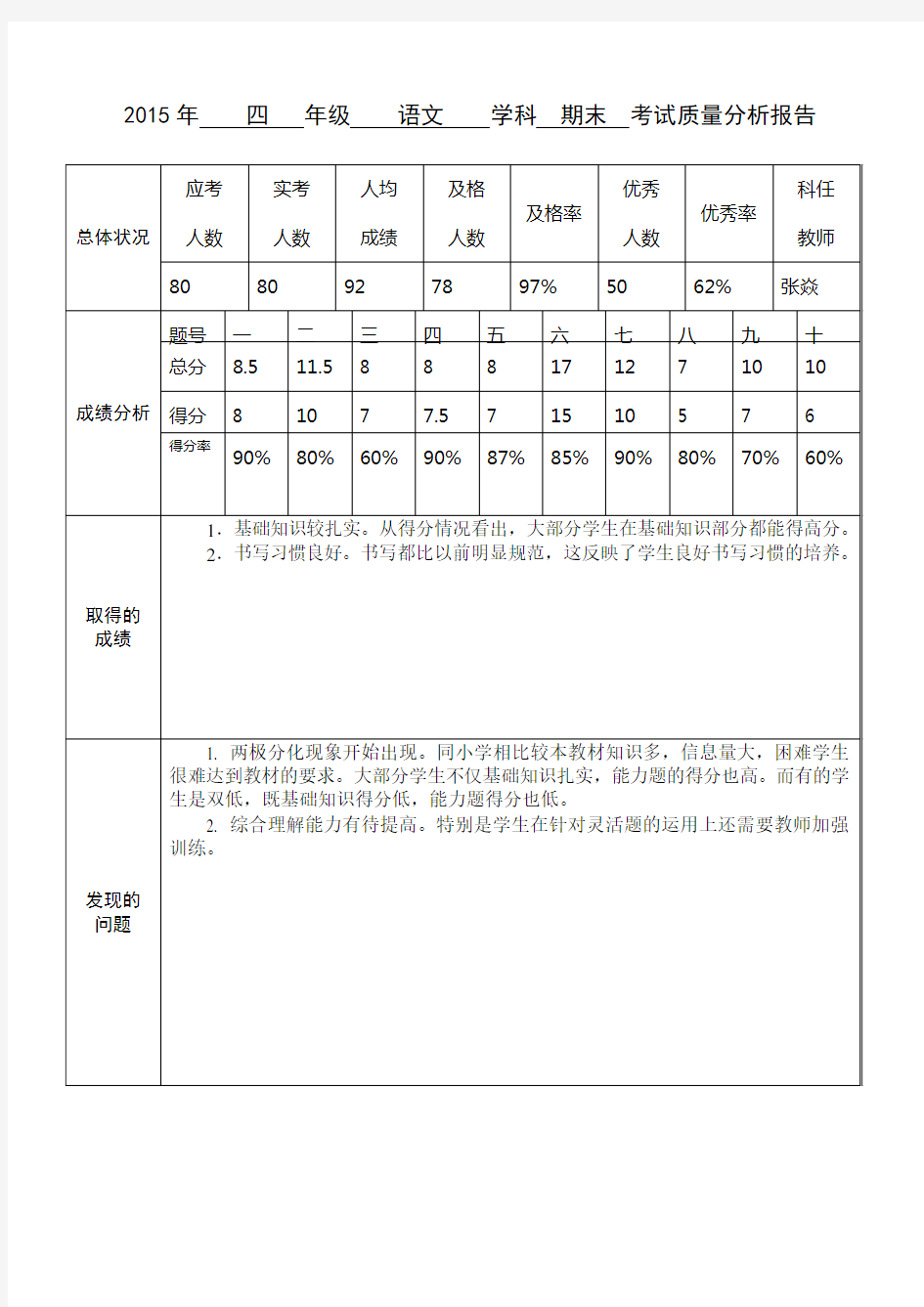 四年级语文考试质量分析报告