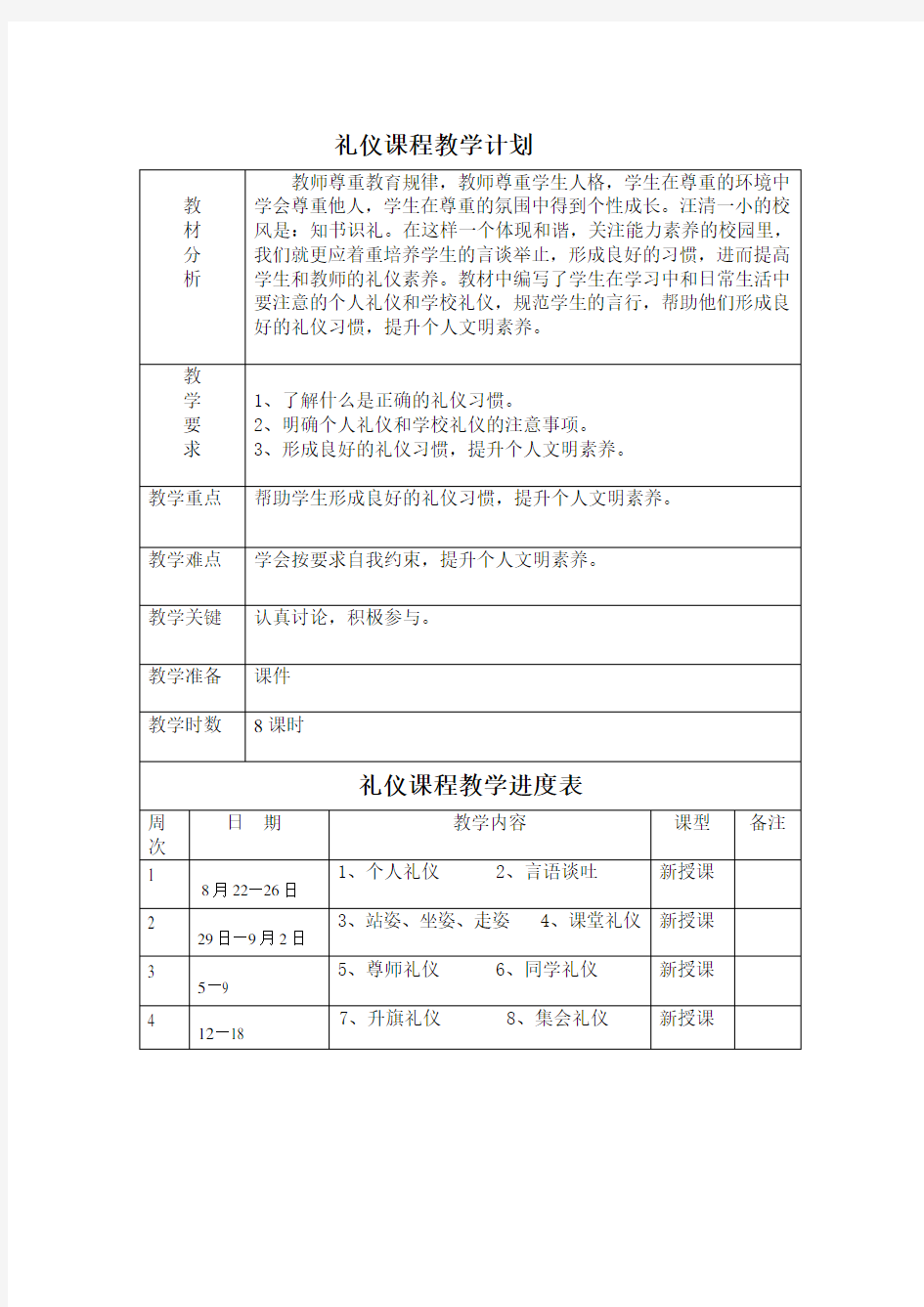 礼仪课程教学计划