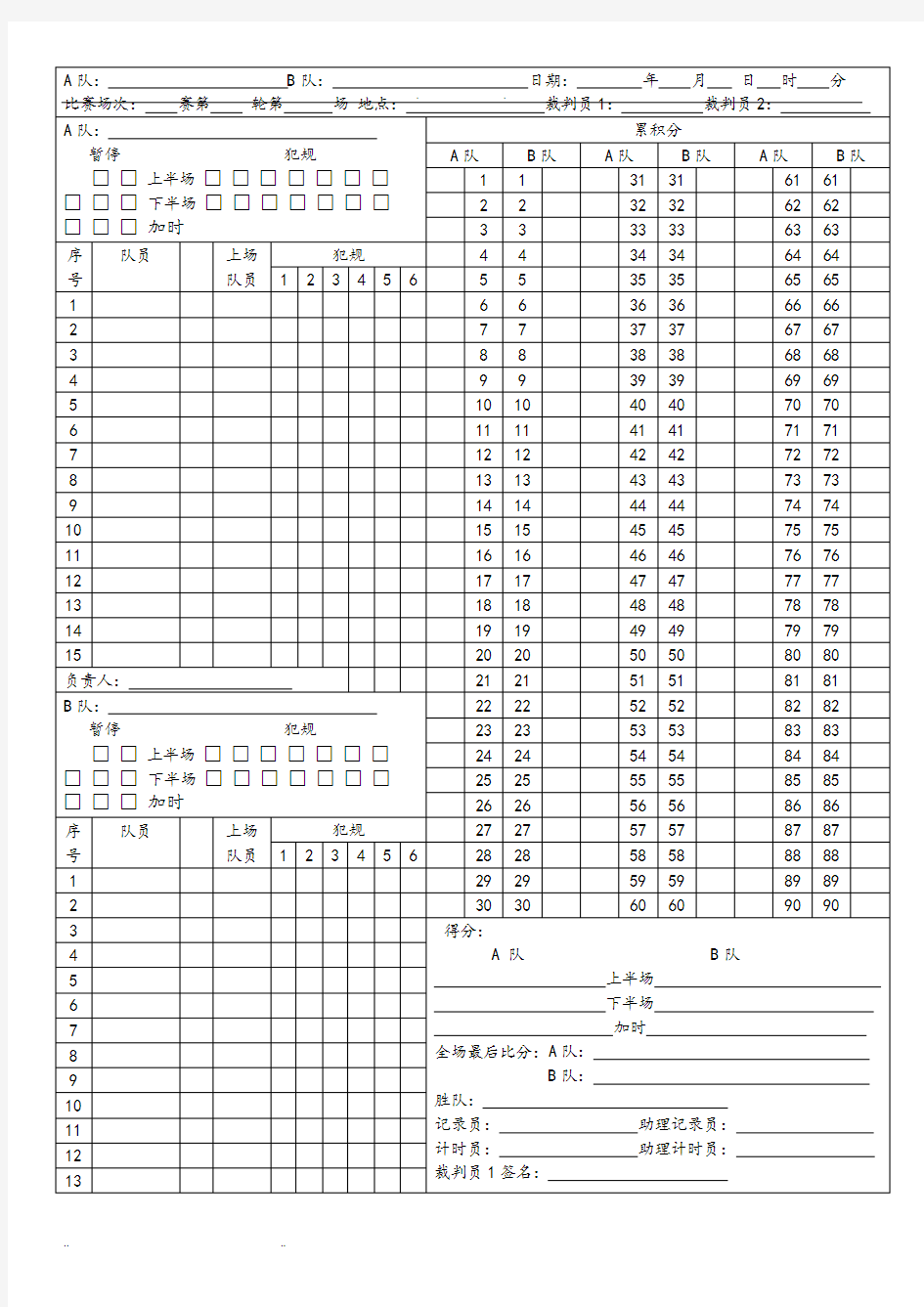 篮球赛计分表模板.