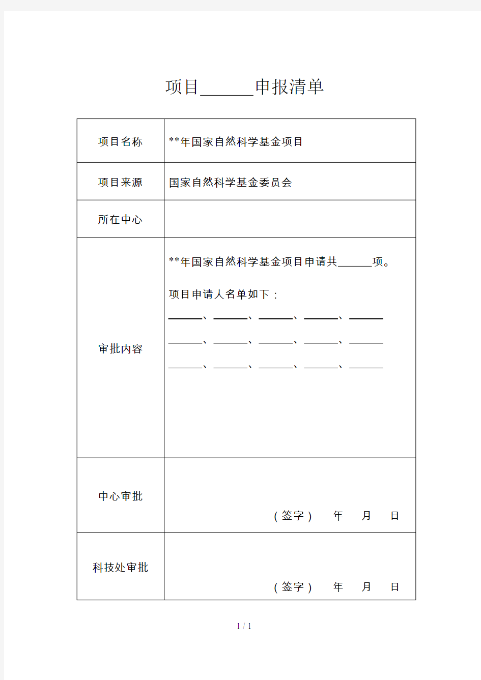 项目申报清单