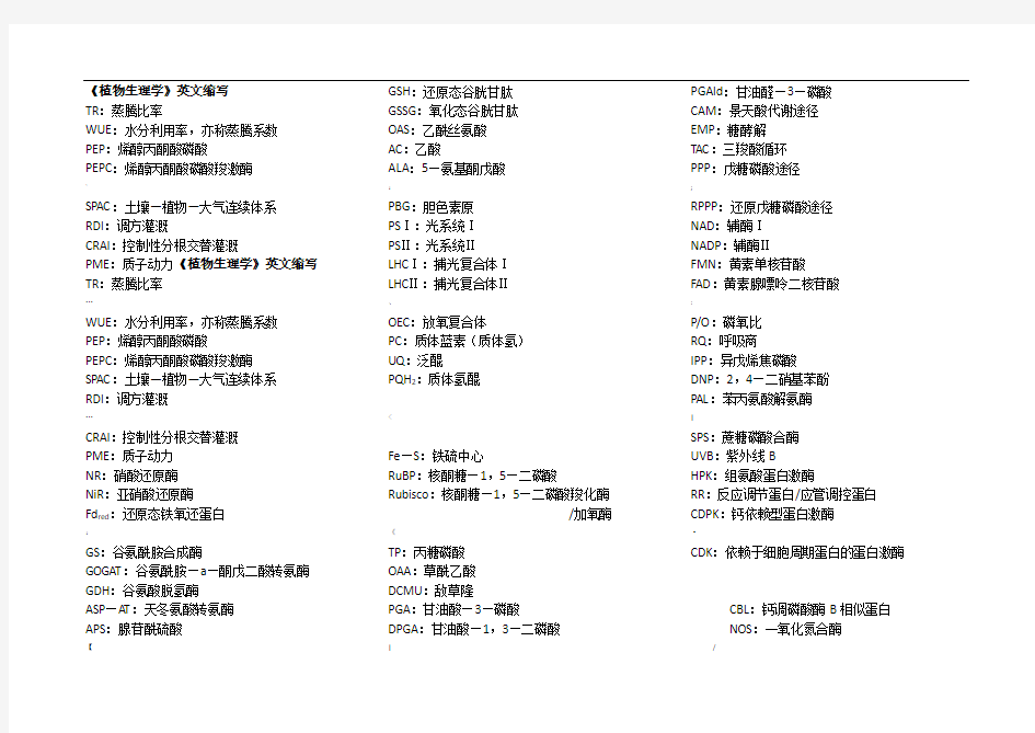 《植物生理学》英文缩写