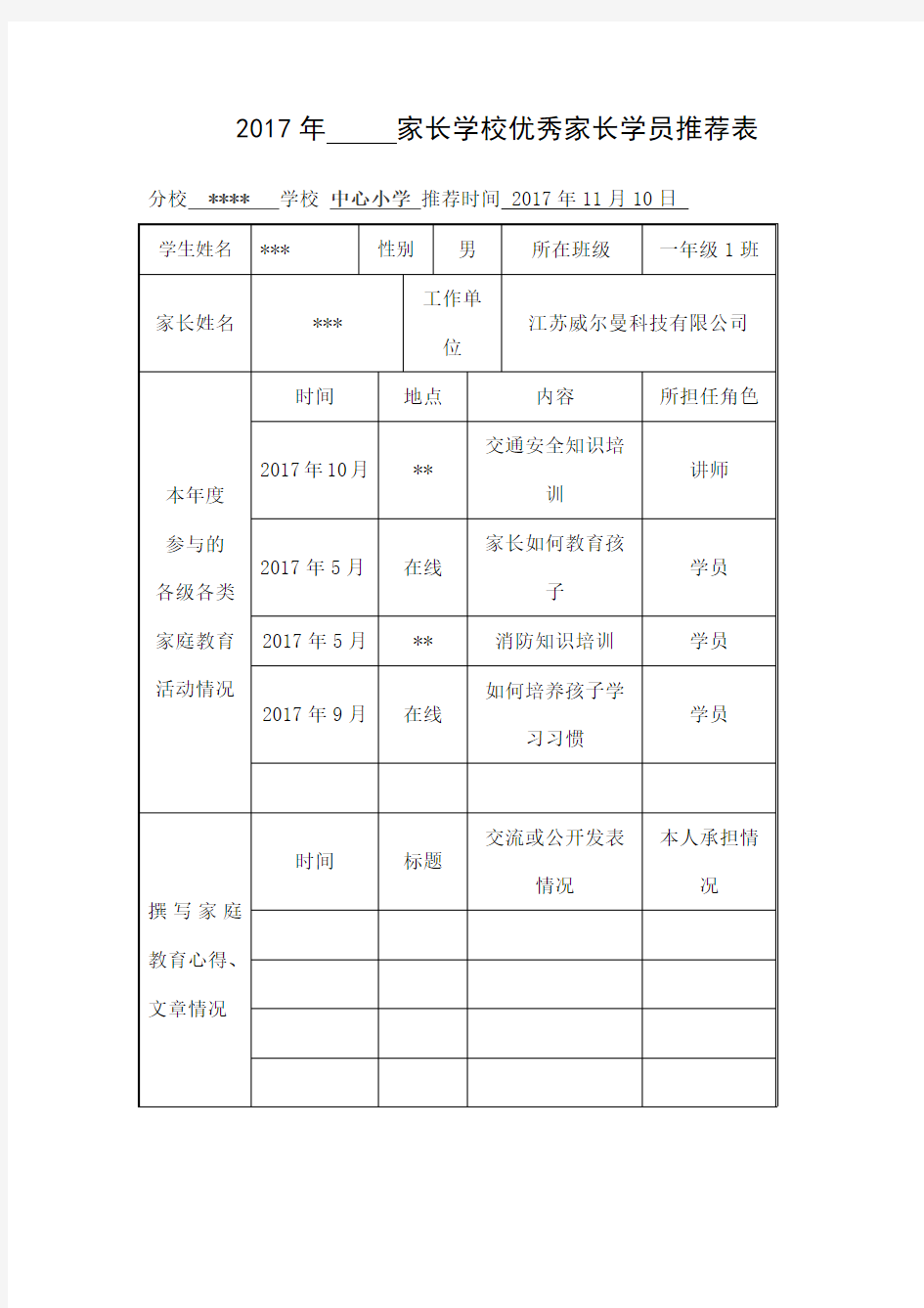 家长学校优秀学员推荐表