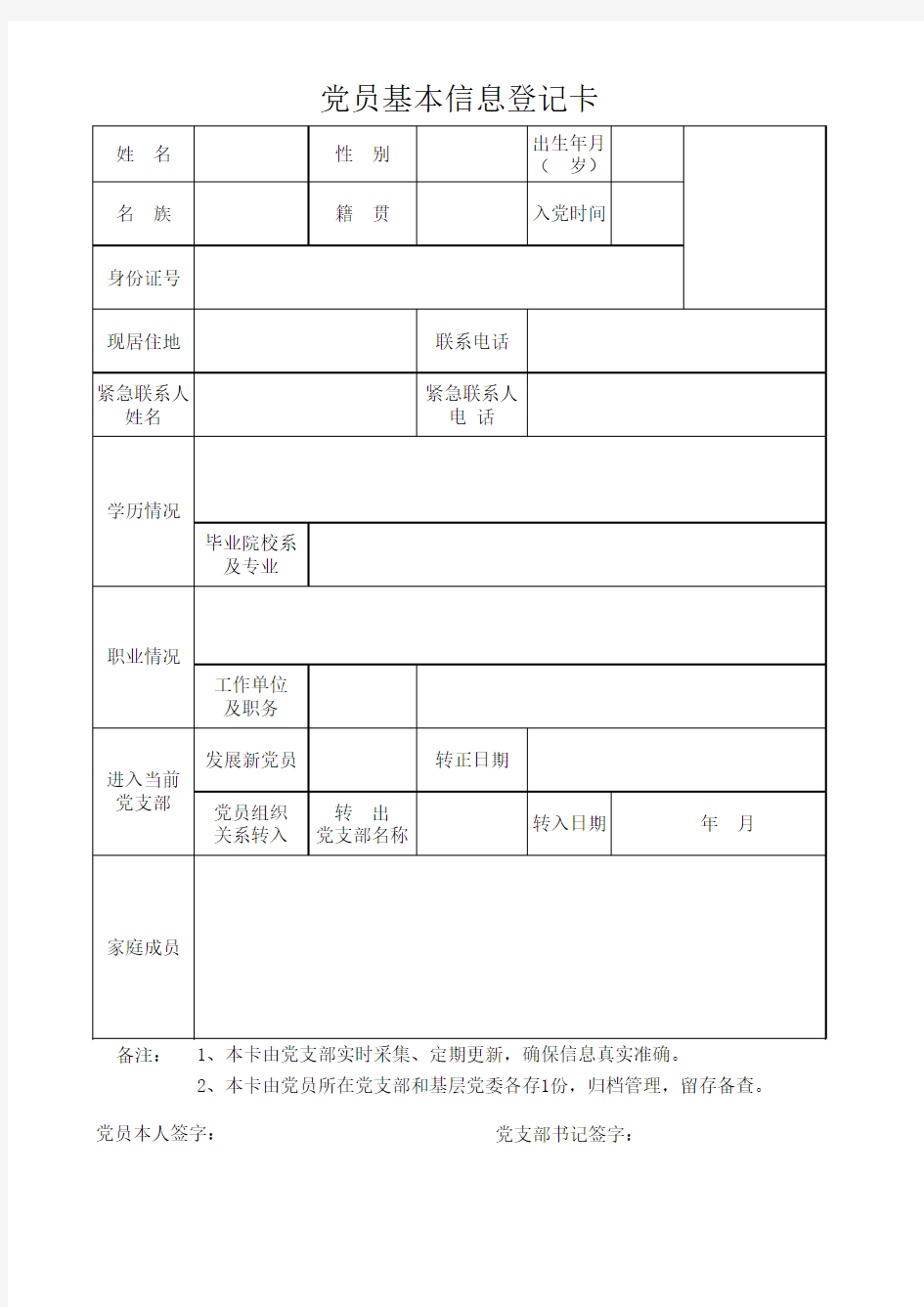 党员基本信息登记卡