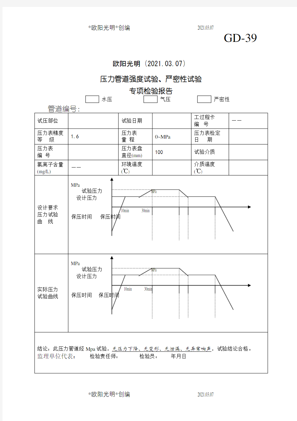 2021年压力管道强度试验、严密性试验