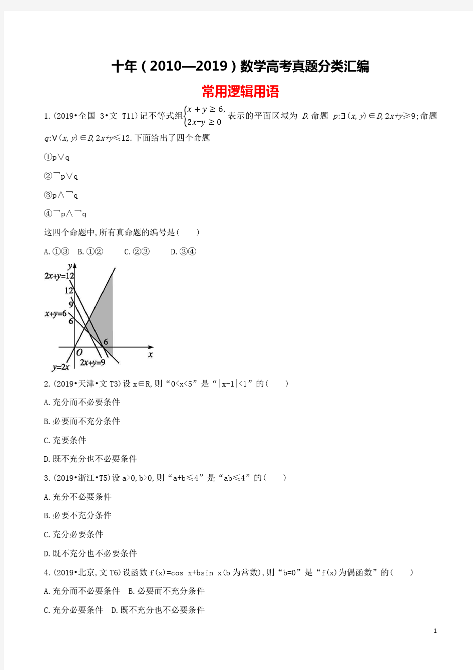 十年(2010-2019)高考数学真题分类汇编(试卷版+解析版)：常用逻辑用