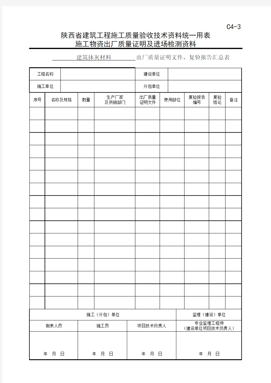 建筑抹灰材料出厂质量证明文件、复验报告汇总表