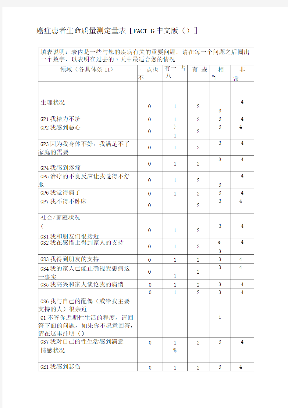 癌症患者生命质量量表FACT-G-v4