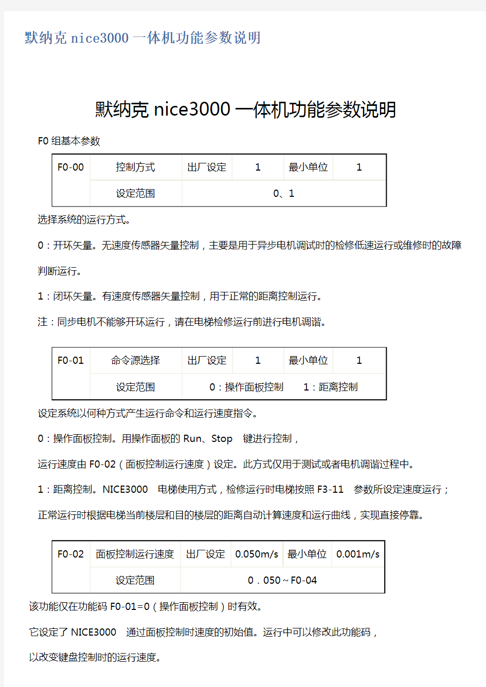 默纳克nice3000一体机功能参数说明