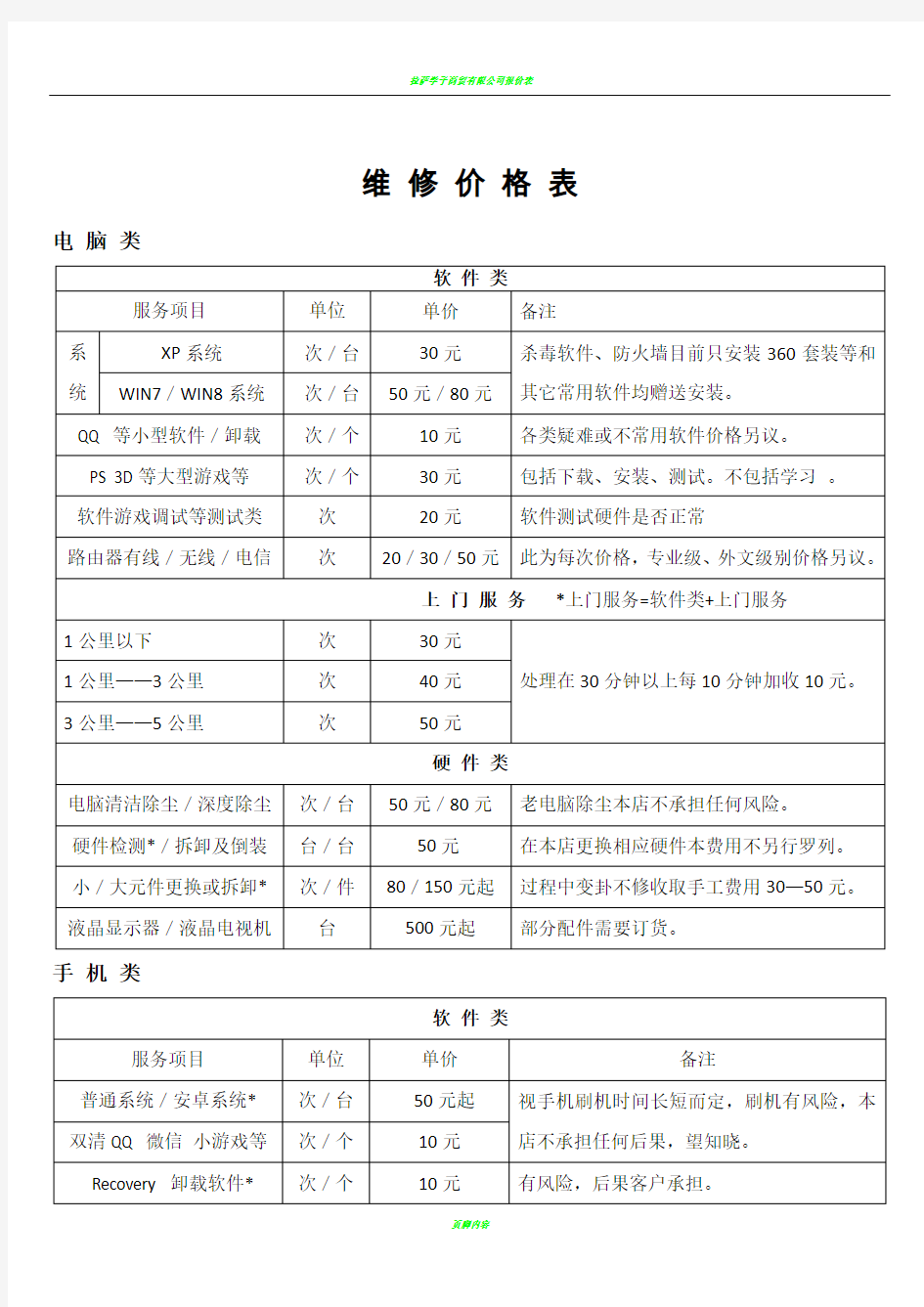 电脑维修价格表 (仅供大家参考)