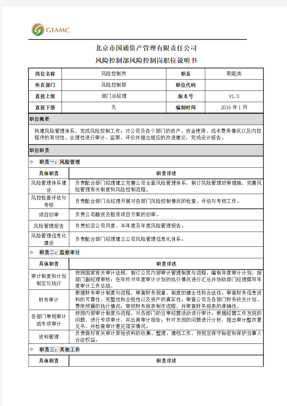 市管资产管理公司JD风险控制部风险控制岗职位说明书