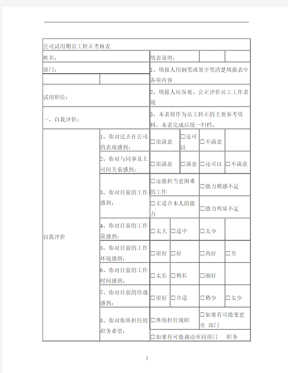 公司试用期员工转正考核表