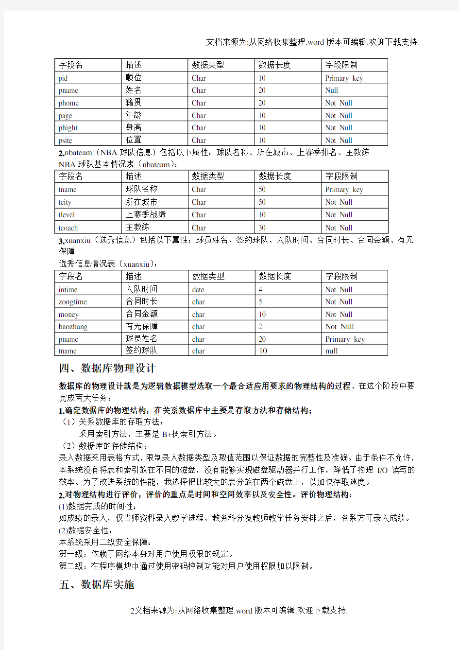 数据库课程设计NBA选秀系统数据库模型