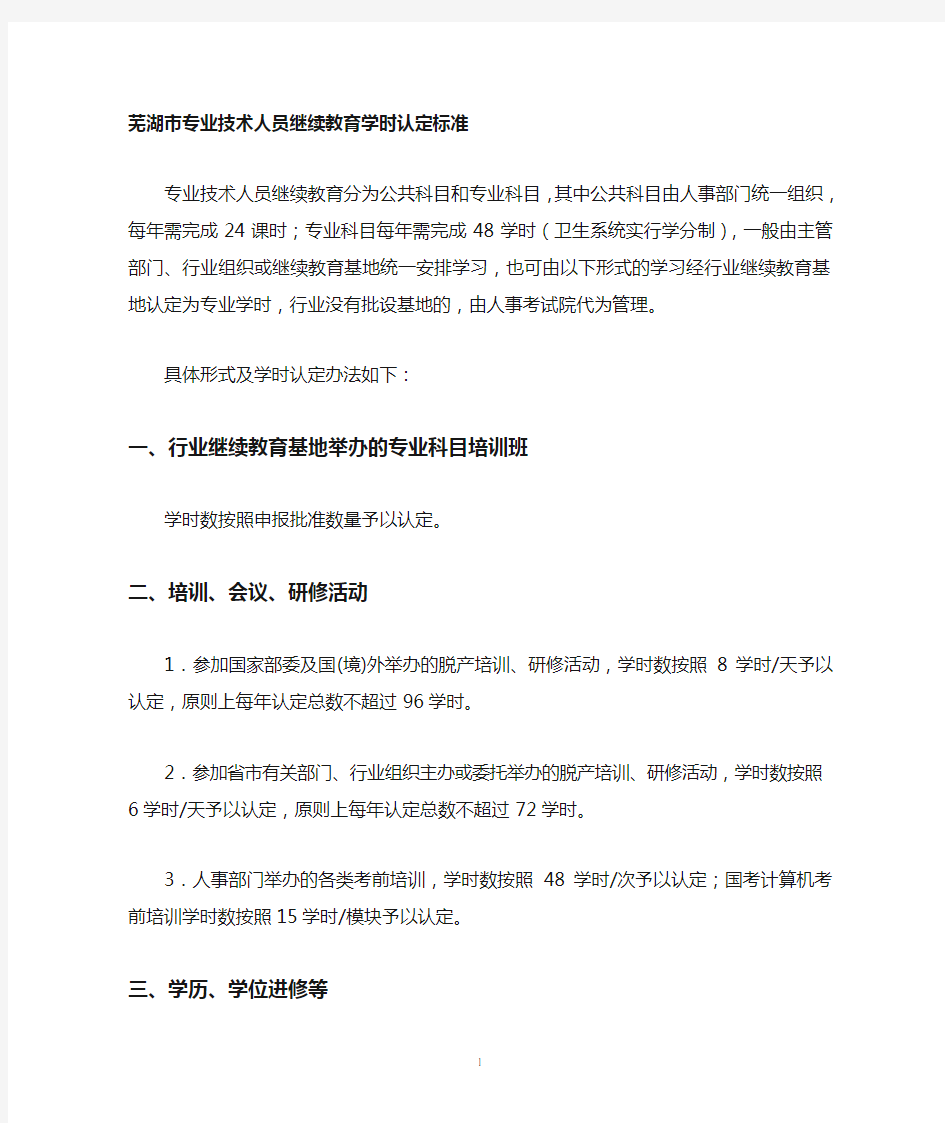 芜湖专业技术人员继续教育学时认定标准