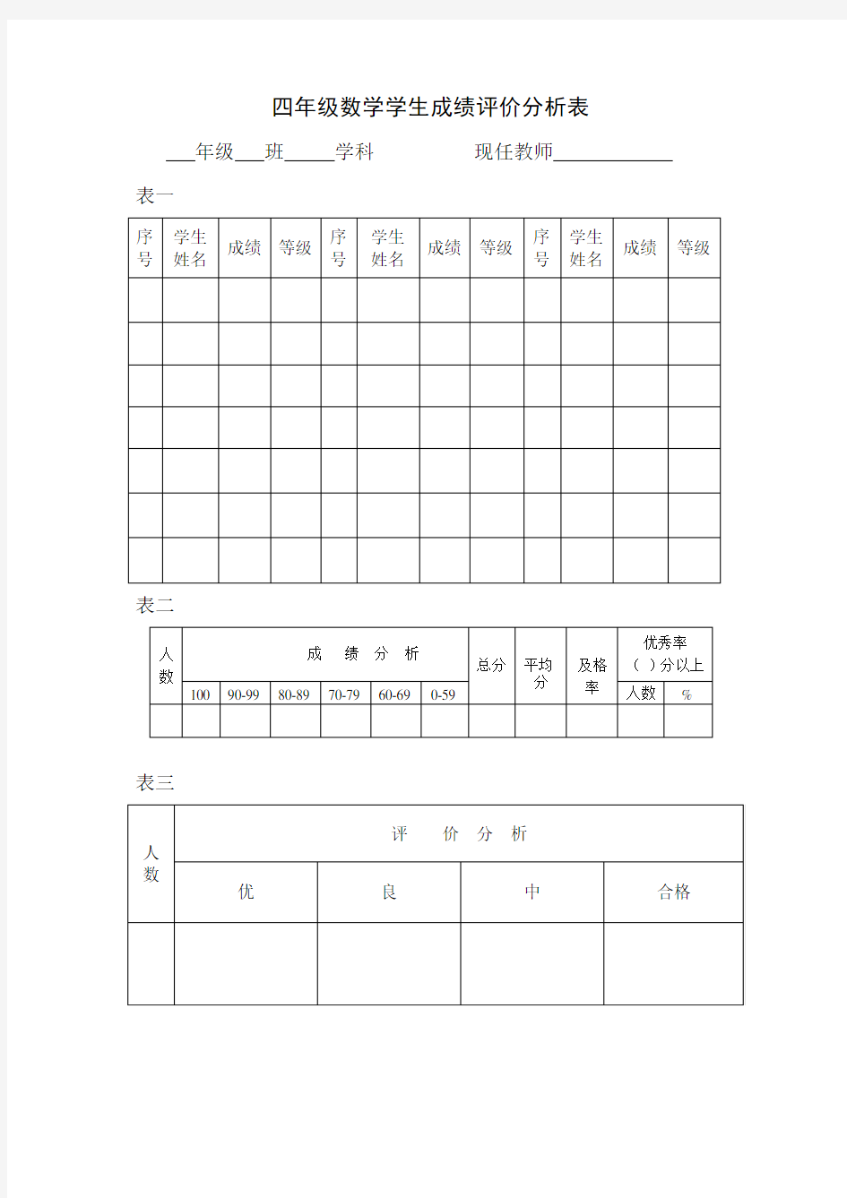 四年级数学学生成绩分析表