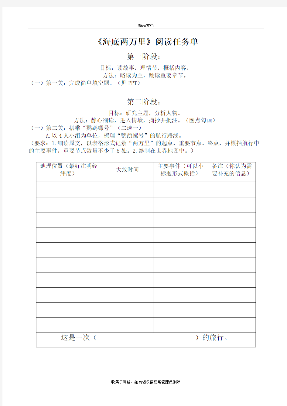 《海底两万里》阅读任务清单(学生版)教学文稿