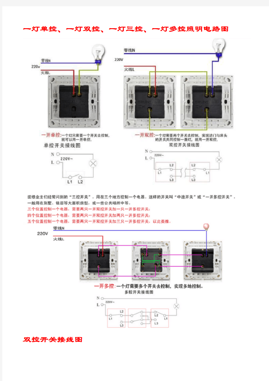 一灯单控、一灯双控、一灯三控、一灯多控照明电路图