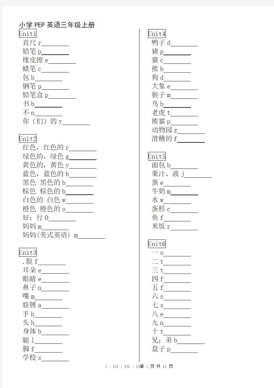 小学英语PEP(新版3-6年级)单词词组测试――完整版