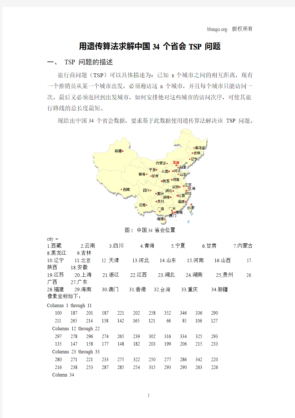 用遗传算法求解中国34个省会TSP的问题