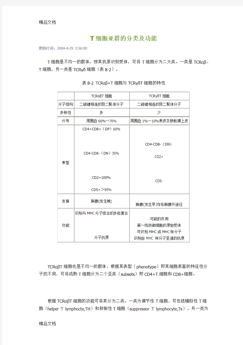 T细胞亚群的分类及功能(汇编)