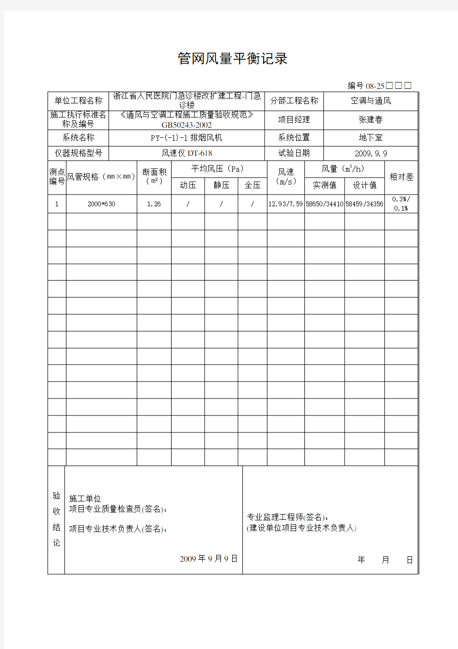 管网风量平衡记录