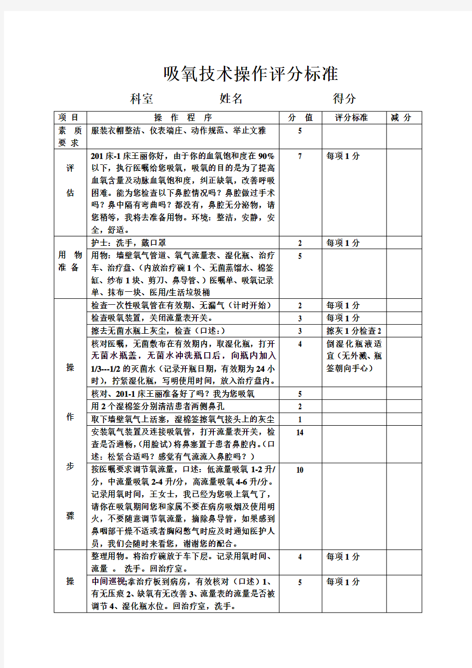 吸氧技术操作评分标准