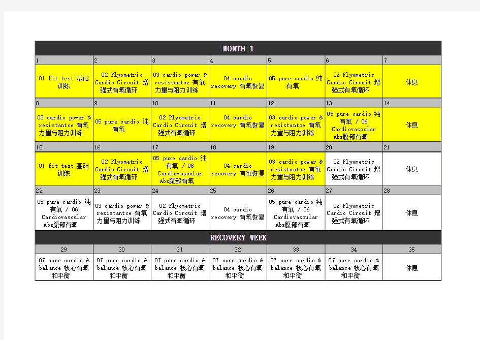 INSANITY 63天健身计划 中文课程表