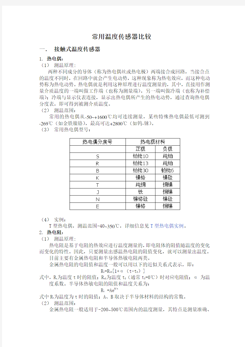 常用温度传感器比较