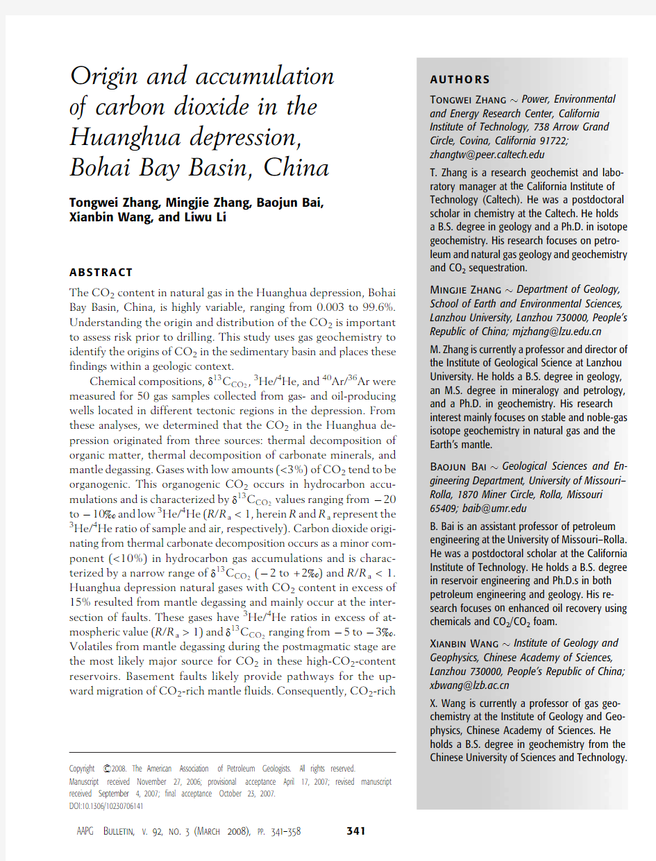 OriginandaccumulationofcarbondioxideintheHuanghuadepressionBohaiBayBasinChina