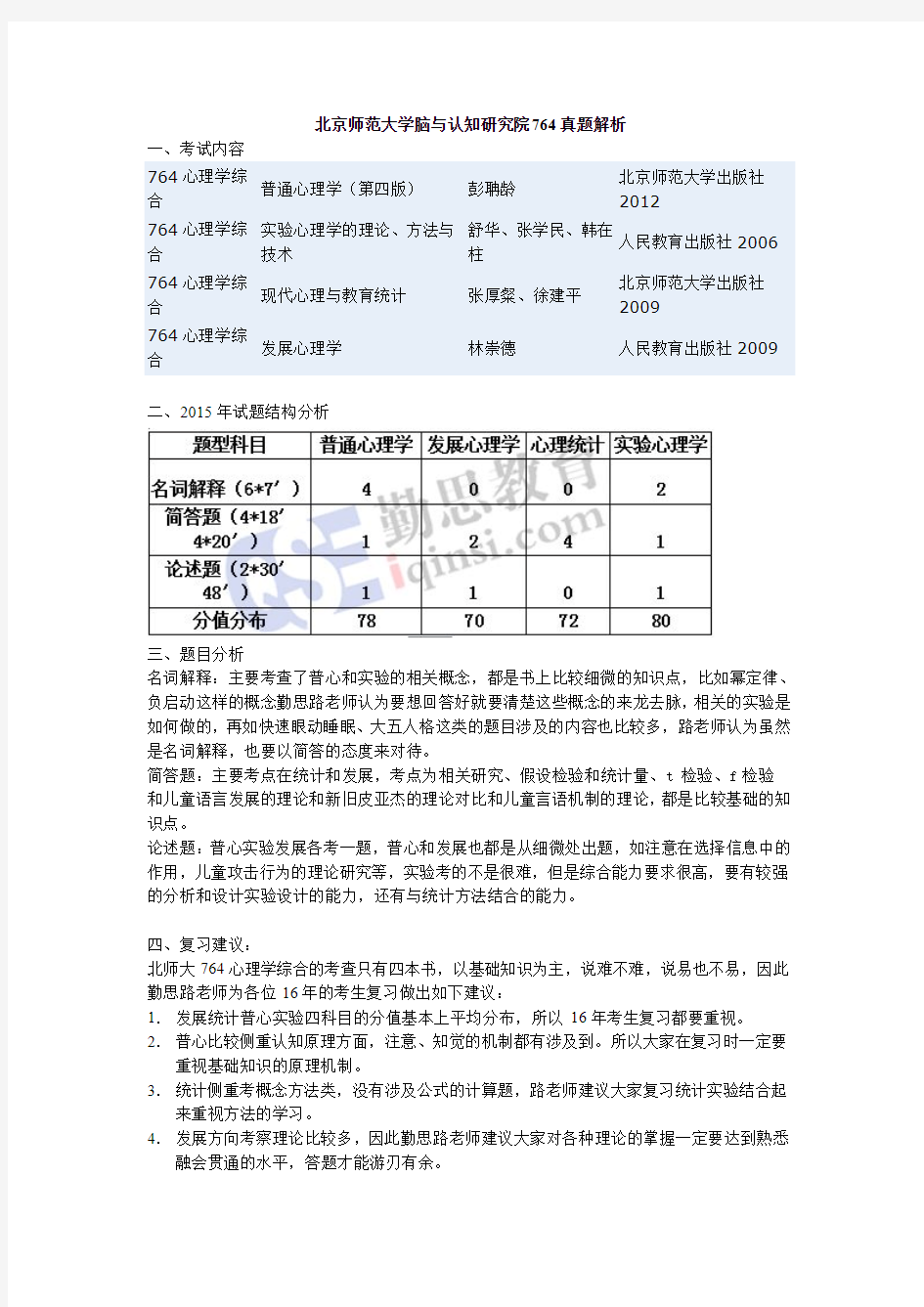 2015年北京师范大学脑与认知研究院764真题分析