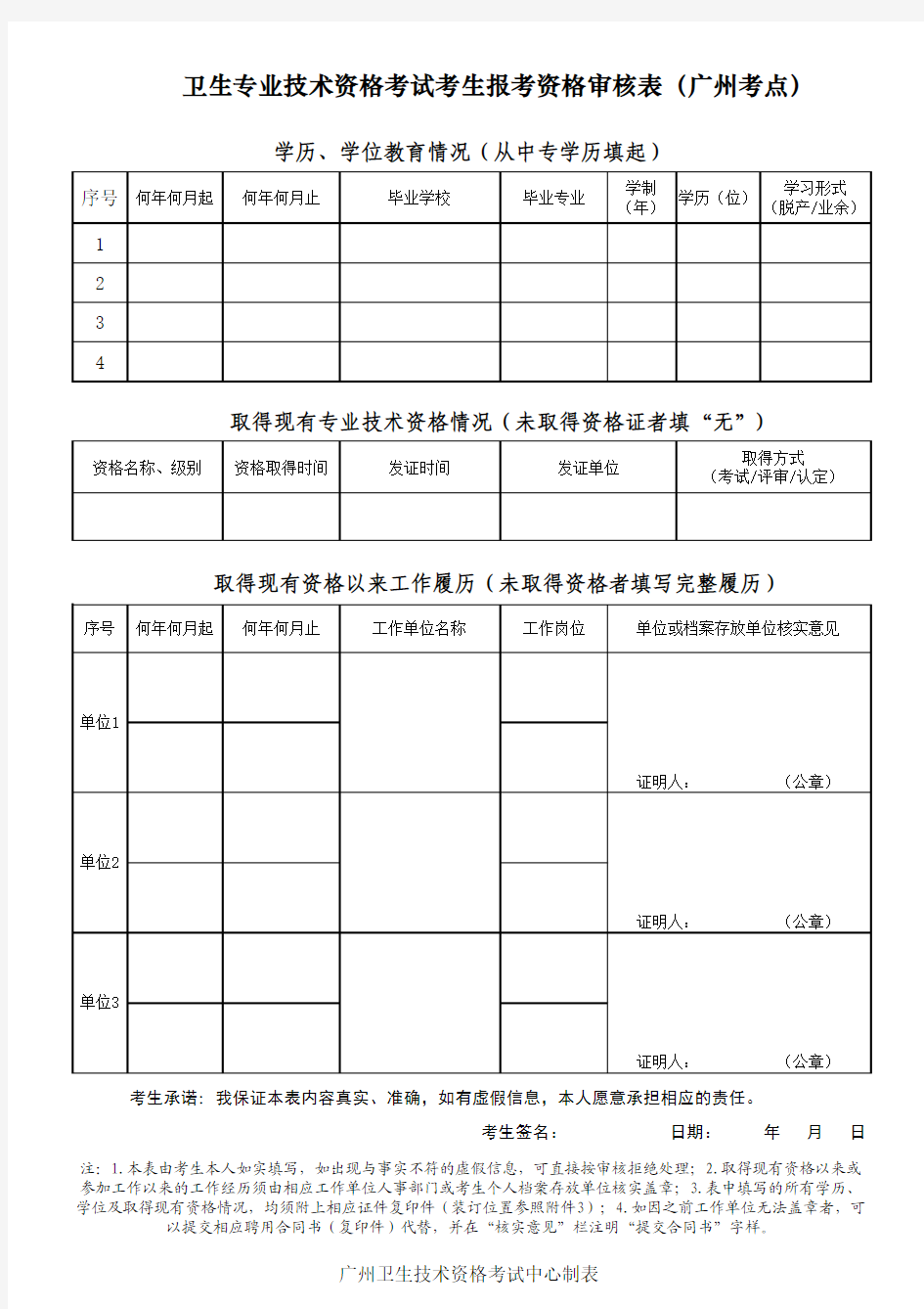 《卫生专业技术资格考试考生报考资格审核表(广州考点)》