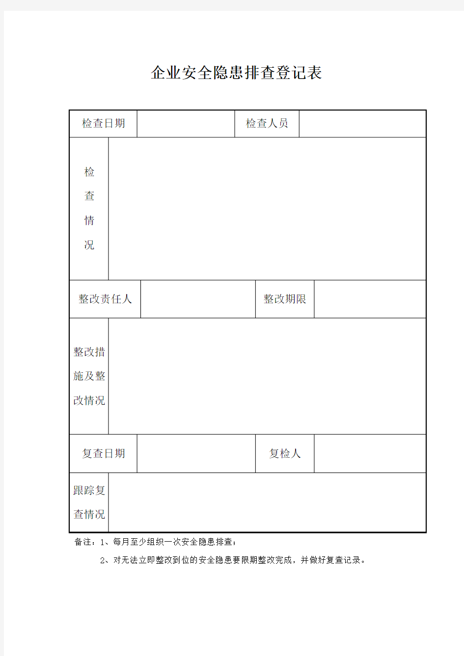 企业安全隐患排查登记表