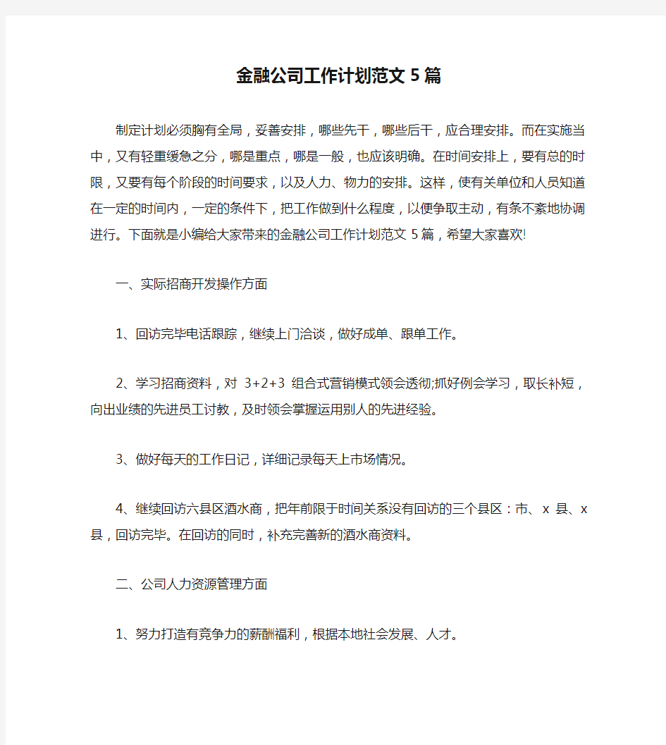 金融公司工作计划范文5篇